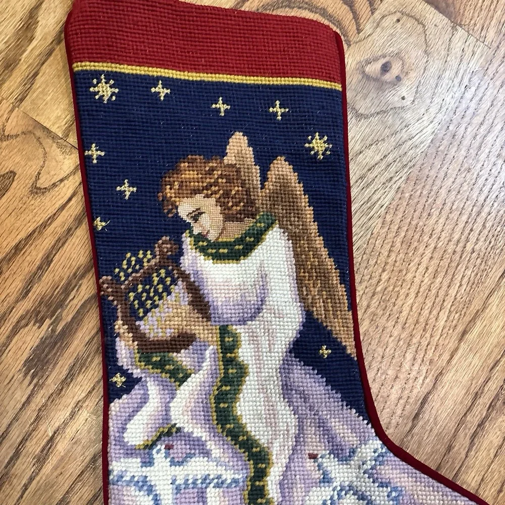 Vintage 1991 Imperial Elegance Angel Harp Needlepoint Christmas Stocking 16